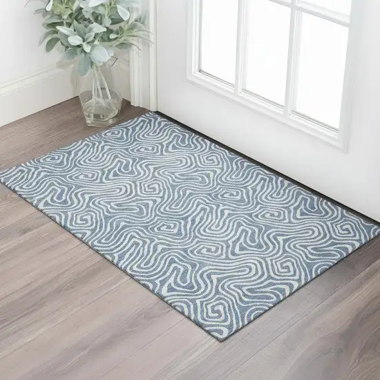 Denim Blue And Ivory Abstract Washable Area Rug With UV Protection Photo 2