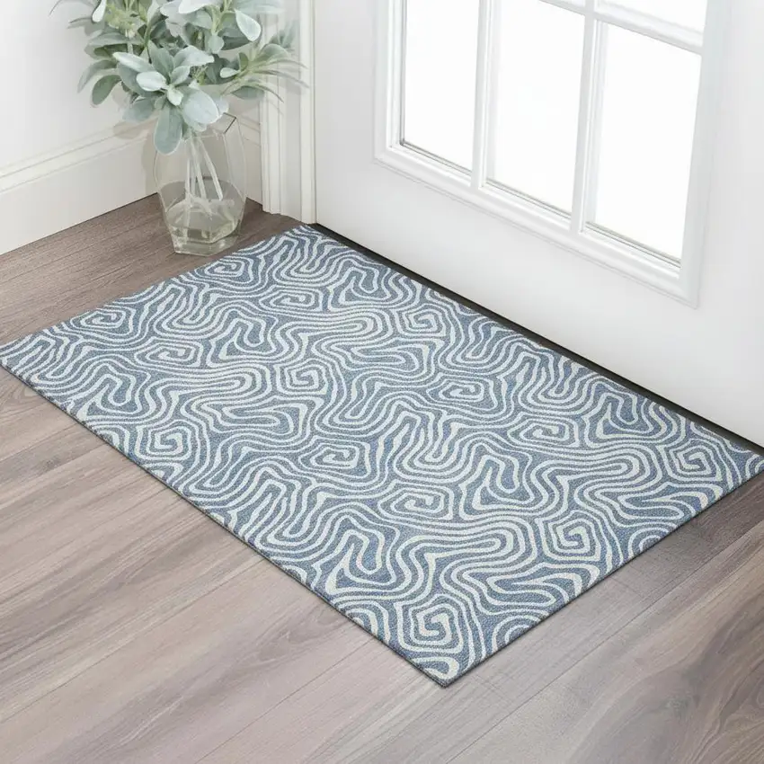 Denim Blue And Ivory Abstract Washable Area Rug With UV Protection Photo 2