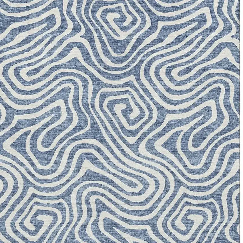 Denim Blue And Ivory Abstract Washable Area Rug With UV Protection Photo 4