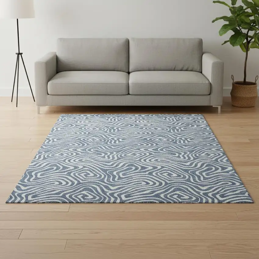 Denim Blue And Ivory Abstract Washable Area Rug With UV Protection Photo 2