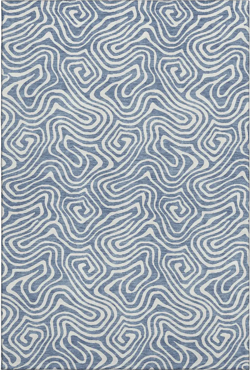 Denim Blue And Ivory Abstract Washable Area Rug With UV Protection Photo 1