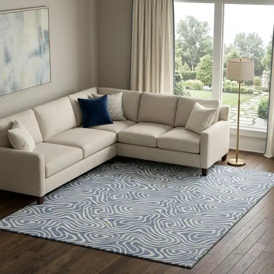 Denim Blue And Ivory Abstract Washable Area Rug With UV Protection Photo 1