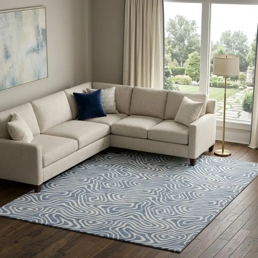 Denim Blue And Ivory Abstract Washable Area Rug With UV Protection Photo 1