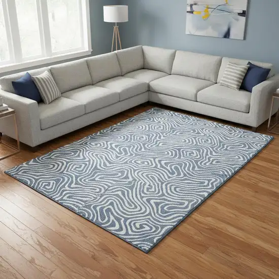 Denim Blue And Ivory Abstract Washable Area Rug With UV Protection Photo 2