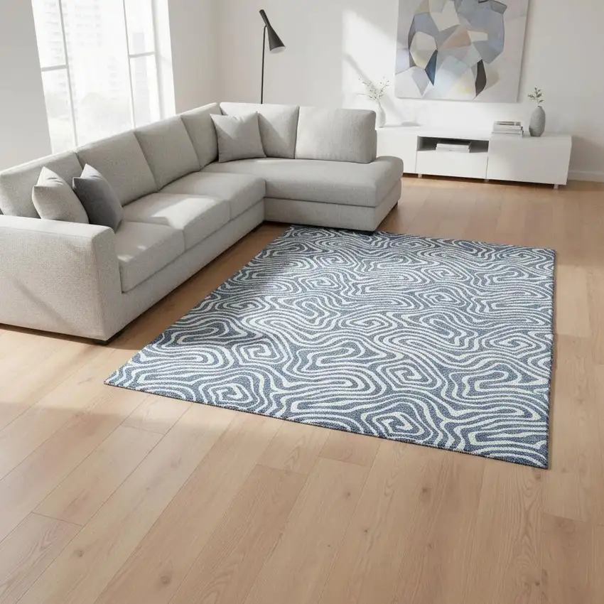 Denim Blue And Ivory Abstract Washable Area Rug With UV Protection Photo 2