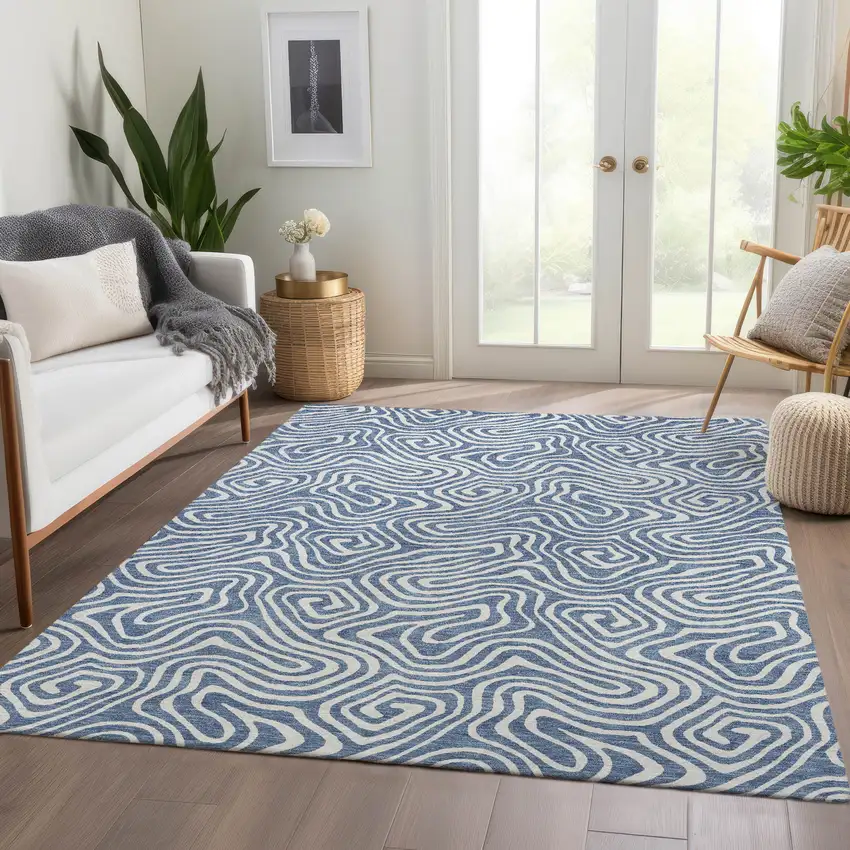 Denim Blue And Ivory Abstract Washable Area Rug With UV Protection Photo 5