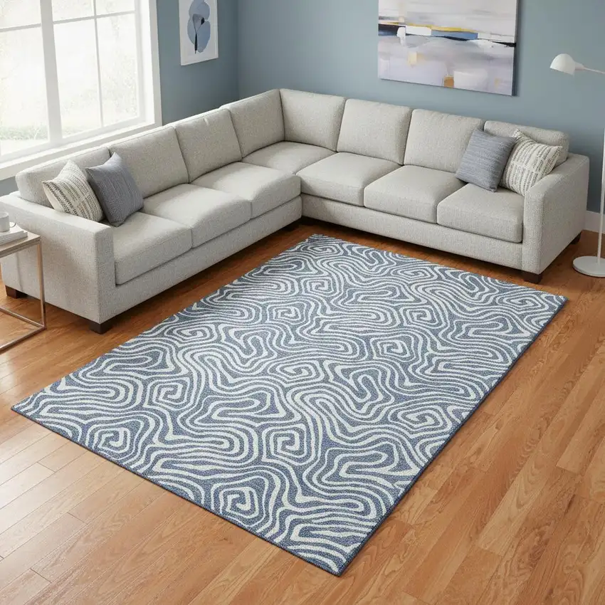 Denim Blue And Ivory Abstract Washable Area Rug With UV Protection Photo 2