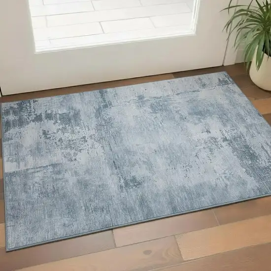 Denim Blue And Ivory Abstract Washable Area Rug With UV Protection Photo 2