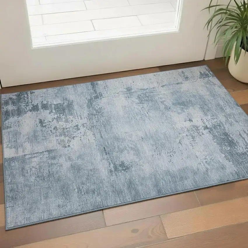 Denim Blue And Ivory Abstract Washable Area Rug With UV Protection Photo 2
