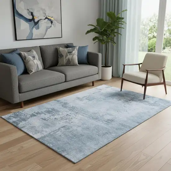 Denim Blue And Ivory Abstract Washable Area Rug With UV Protection Photo 2