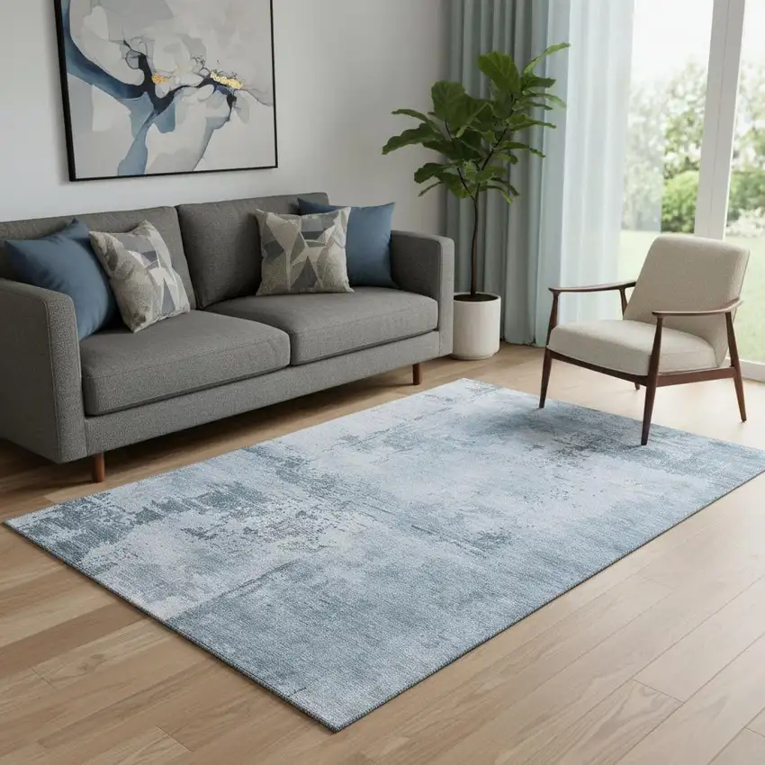 Denim Blue And Ivory Abstract Washable Area Rug With UV Protection Photo 2