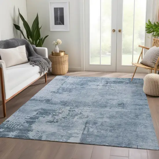 Denim Blue And Ivory Abstract Washable Area Rug With UV Protection Photo 5