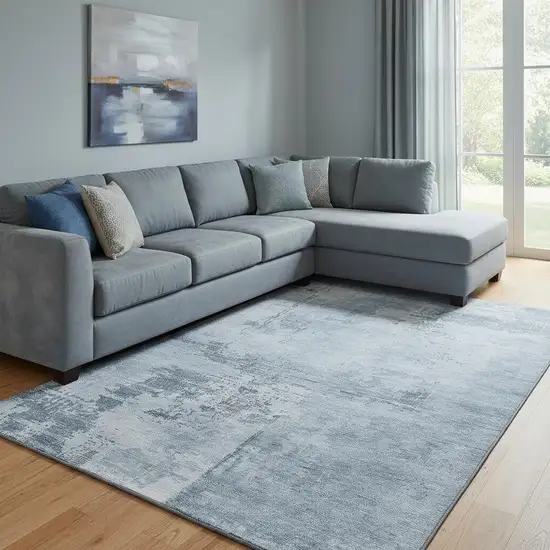 Denim Blue And Ivory Abstract Washable Area Rug With UV Protection Photo 2