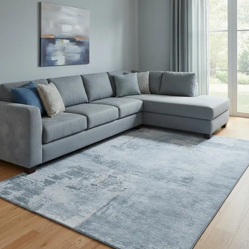 Denim Blue And Ivory Abstract Washable Area Rug With UV Protection Photo 2