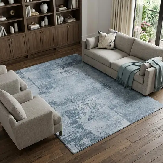 Denim Blue And Ivory Abstract Washable Area Rug With UV Protection Photo 1