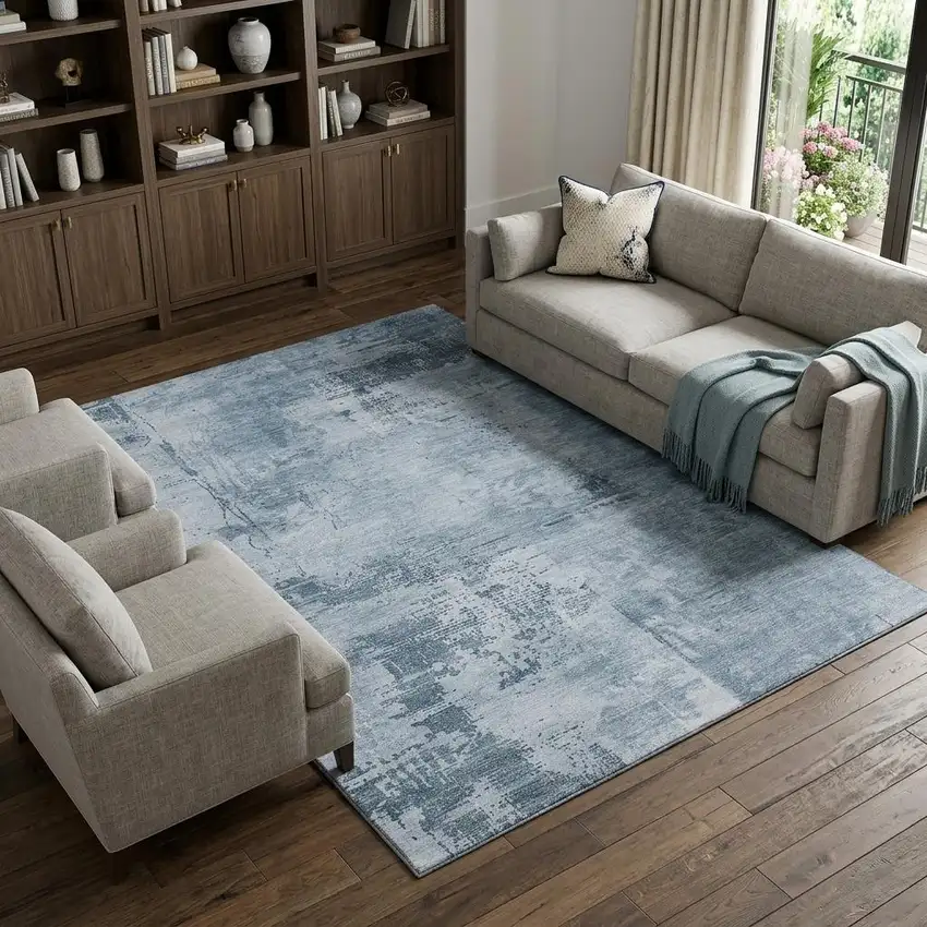 Denim Blue And Ivory Abstract Washable Area Rug With UV Protection Photo 1