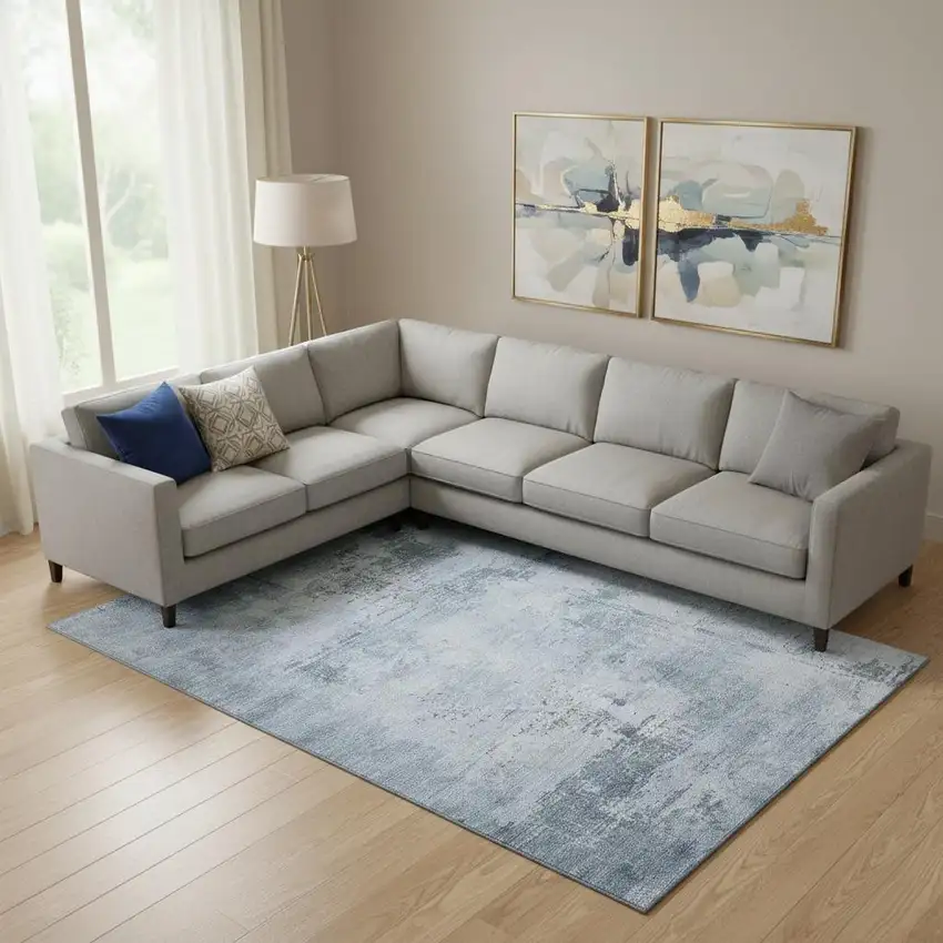 Denim Blue And Ivory Abstract Washable Area Rug With UV Protection Photo 2