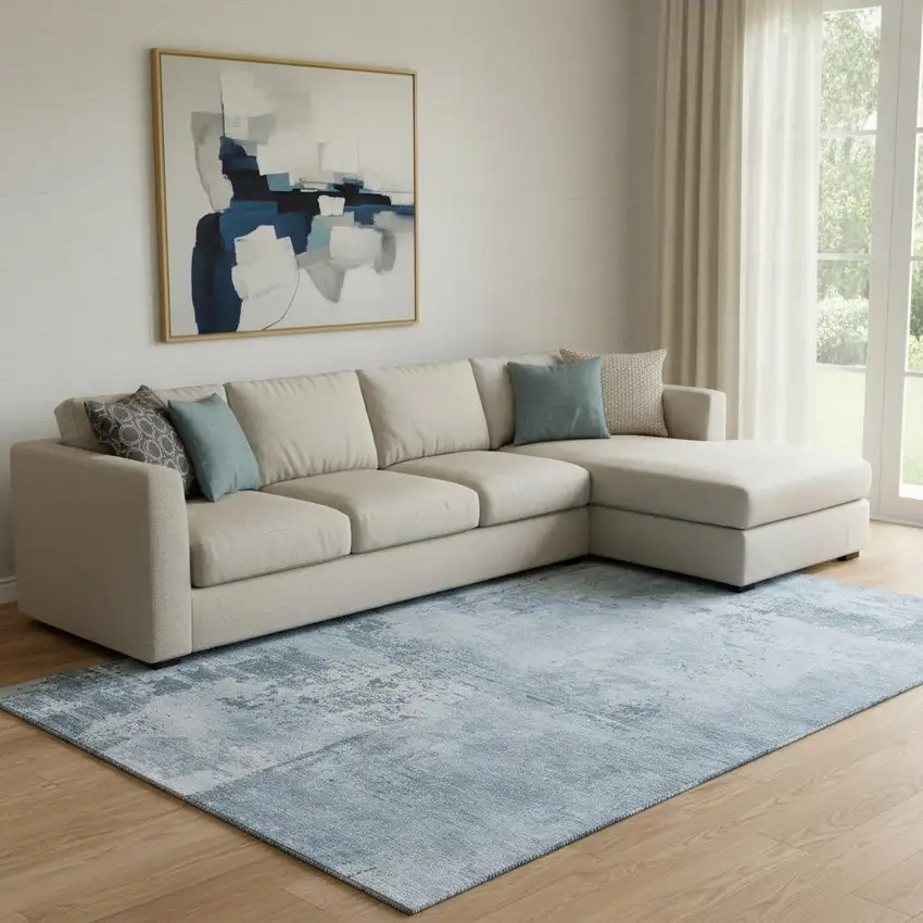 Denim Blue And Ivory Abstract Washable Area Rug With UV Protection Photo 1