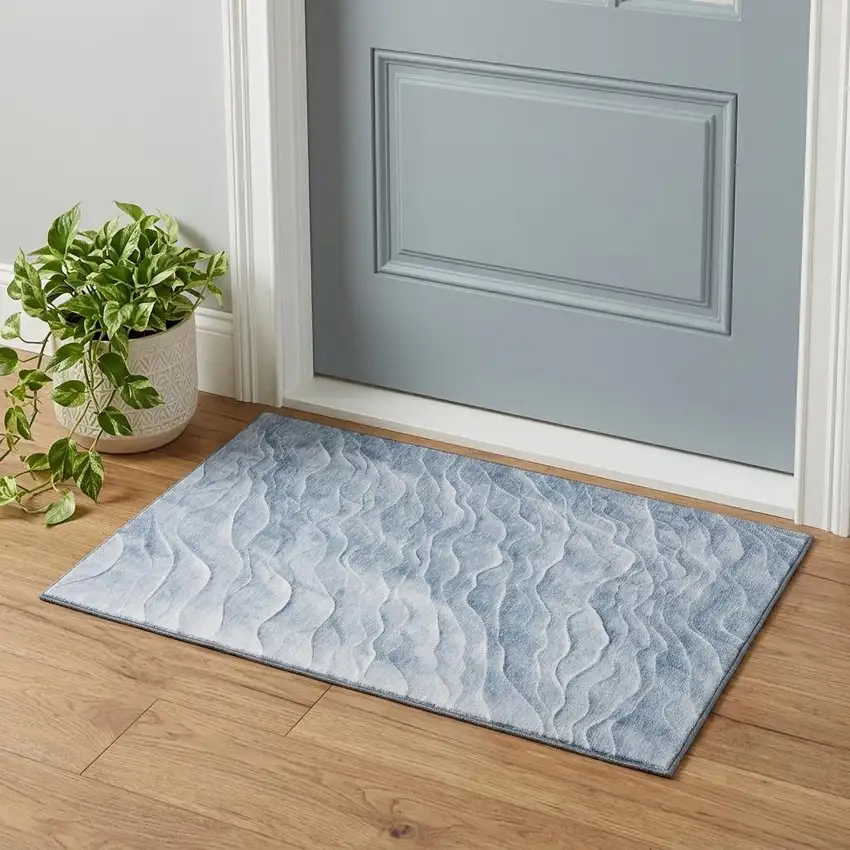 Denim Blue And Ivory Abstract Washable Area Rug With UV Protection Photo 1