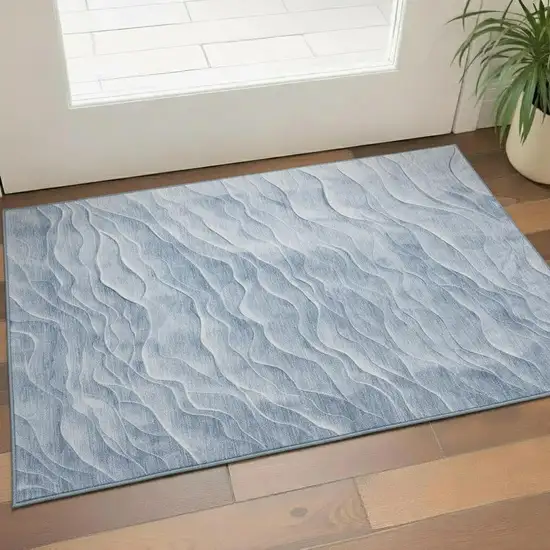 Denim Blue And Ivory Abstract Washable Area Rug With UV Protection Photo 2