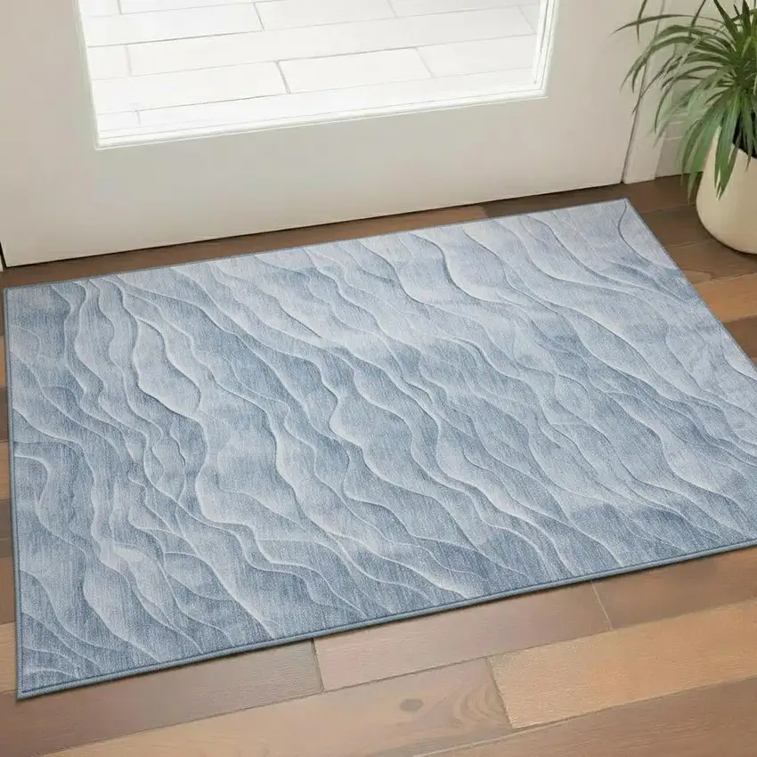 Denim Blue And Ivory Abstract Washable Area Rug With UV Protection Photo 2