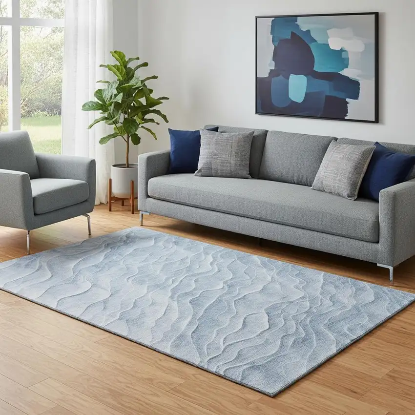 Denim Blue And Ivory Abstract Washable Area Rug With UV Protection Photo 2