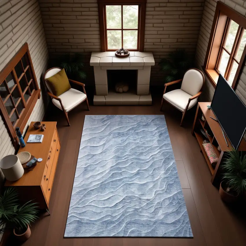 Denim Blue And Ivory Abstract Washable Area Rug With UV Protection Photo 4