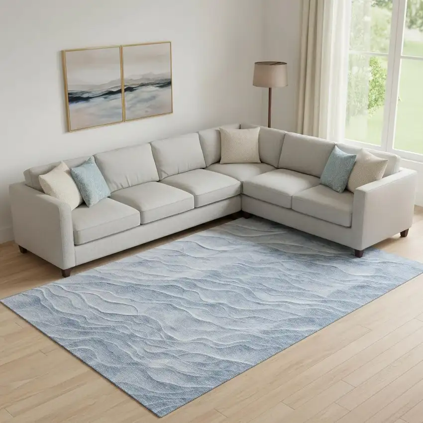 Denim Blue And Ivory Abstract Washable Area Rug With UV Protection Photo 2