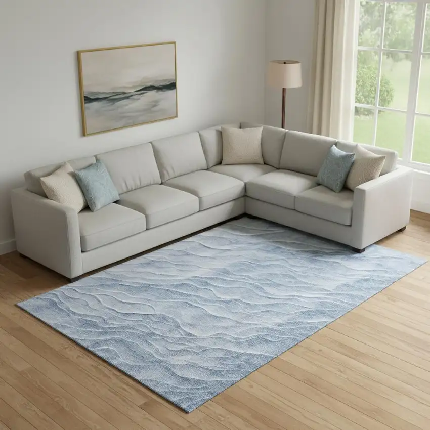 Denim Blue And Ivory Abstract Washable Area Rug With UV Protection Photo 2