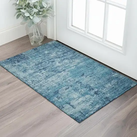 Denim Blue And Ivory Abstract Washable Area Rug With UV Protection Photo 2