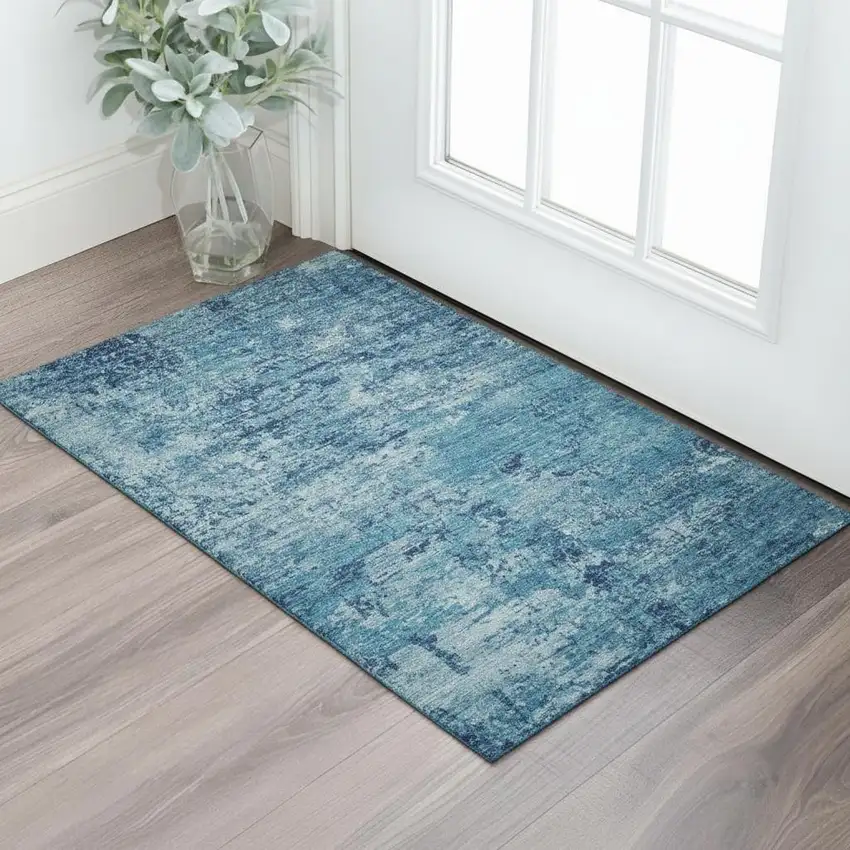 Denim Blue And Ivory Abstract Washable Area Rug With UV Protection Photo 2