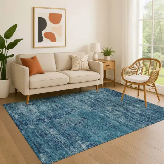 Denim Blue And Ivory Abstract Washable Area Rug With UV Protection Photo 4