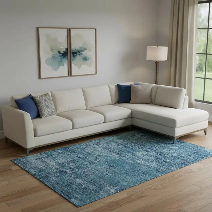 Denim Blue And Ivory Abstract Washable Area Rug With UV Protection Photo 2