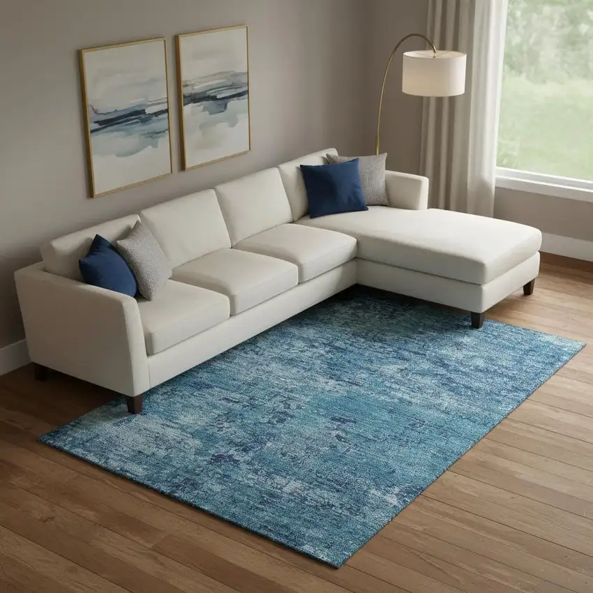Denim Blue And Ivory Abstract Washable Area Rug With UV Protection Photo 2