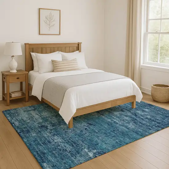 Denim Blue And Ivory Abstract Washable Area Rug With UV Protection Photo 5