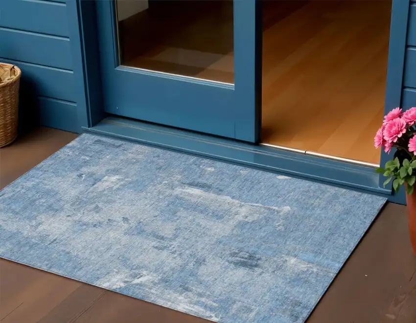 Denim Blue And Ivory Abstract Washable Indoor Outdoor Area Rug Photo 1
