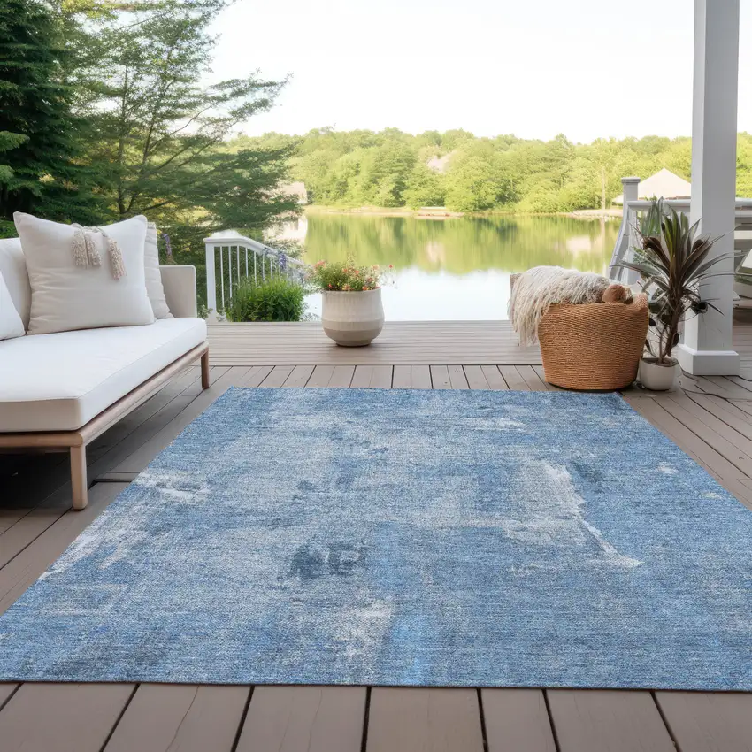 Denim Blue And Ivory Abstract Washable Indoor Outdoor Area Rug Photo 9