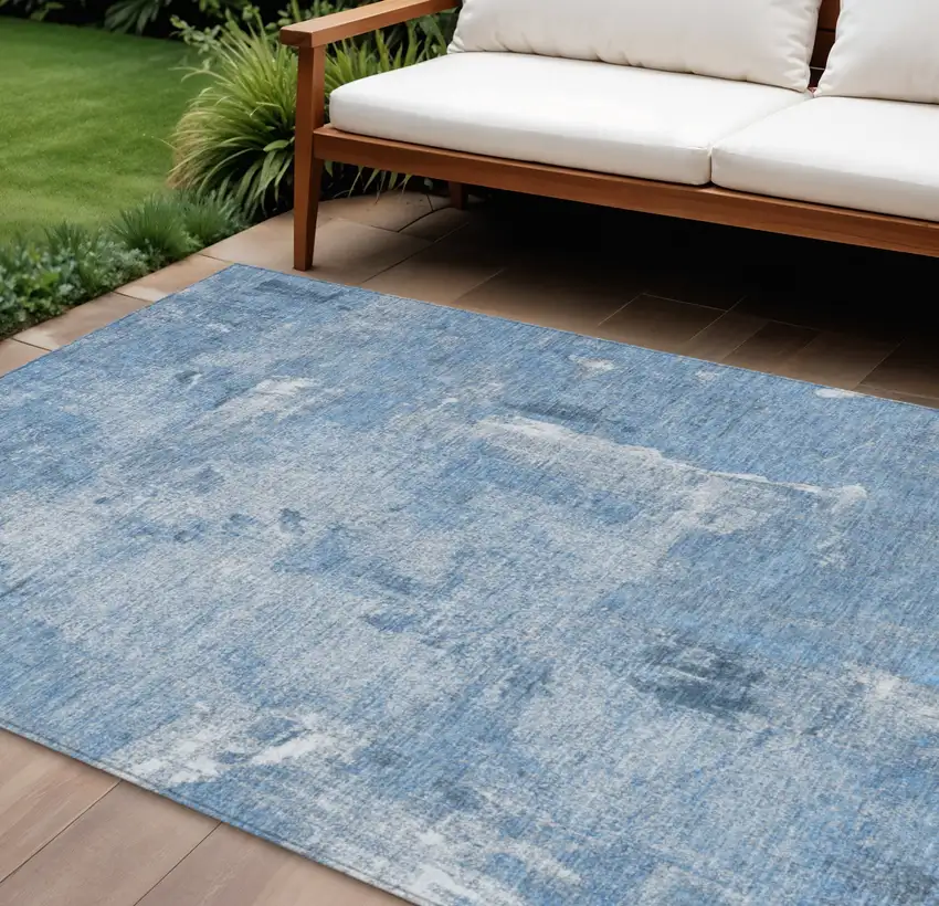 Denim Blue And Ivory Abstract Washable Indoor Outdoor Area Rug Photo 1
