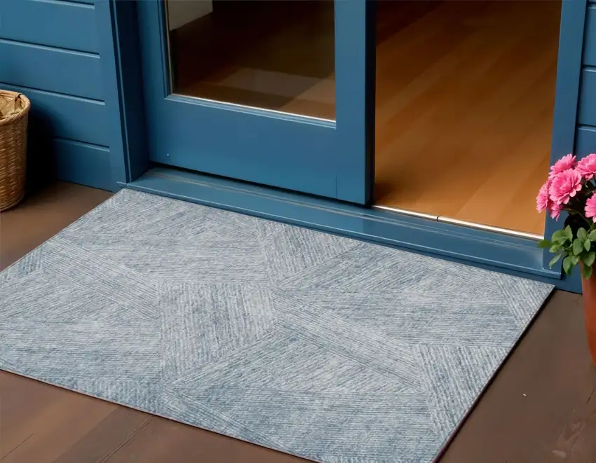 Denim Blue And Ivory Abstract Washable Indoor Outdoor Area Rug Photo 1