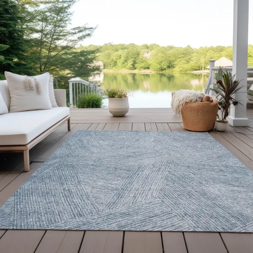 Denim Blue And Ivory Abstract Washable Indoor Outdoor Area Rug Photo 9