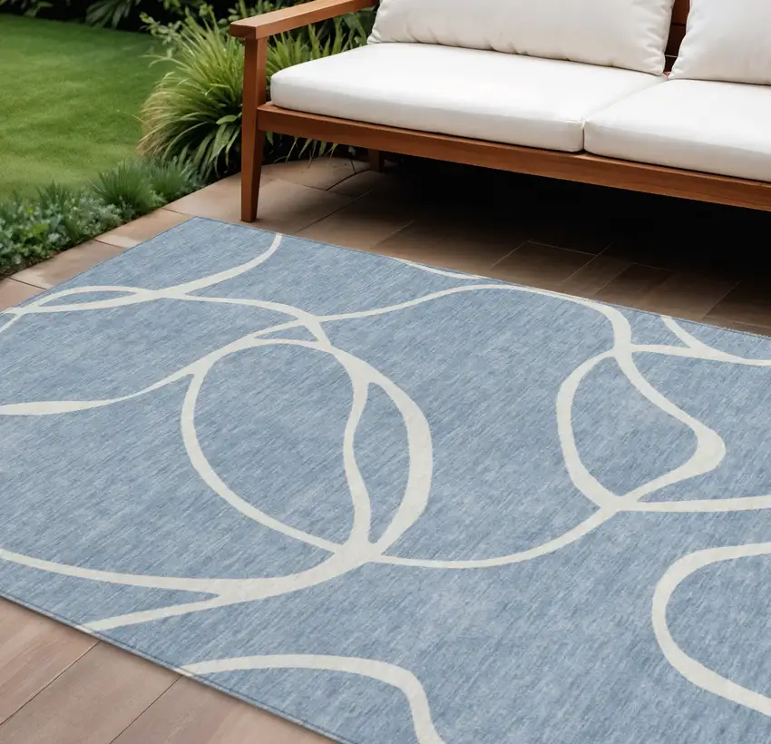Denim Blue And Ivory Abstract Washable Indoor Outdoor Area Rug Photo 1