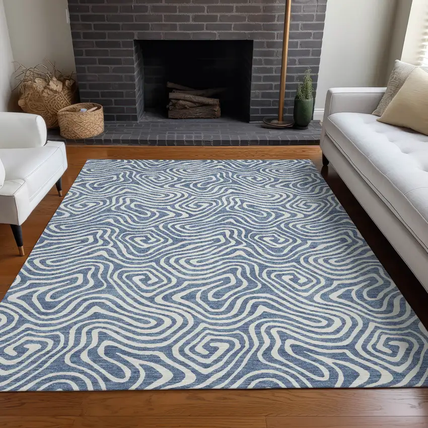 Denim Blue And Ivory Abstract Washable Indoor Outdoor Area Rug Photo 9