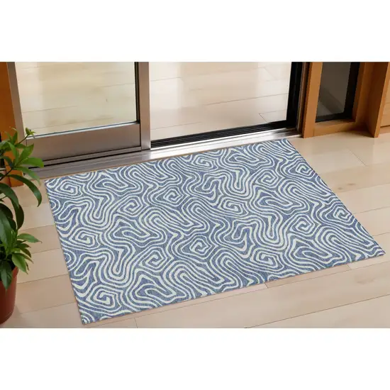 Denim Blue And Ivory Abstract Washable Indoor Outdoor Area Rug Photo 1