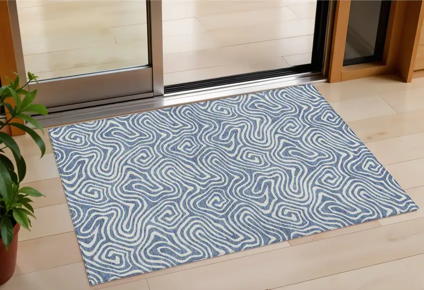 Denim Blue And Ivory Abstract Washable Indoor Outdoor Area Rug Photo 1