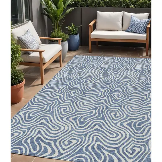 Denim Blue And Ivory Abstract Washable Indoor Outdoor Area Rug Photo 1