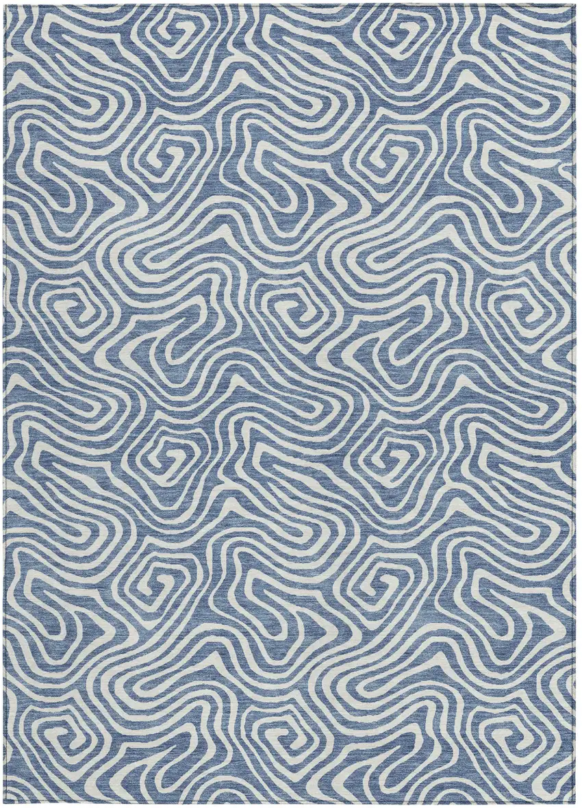 Denim Blue And Ivory Abstract Washable Indoor Outdoor Area Rug Photo 6