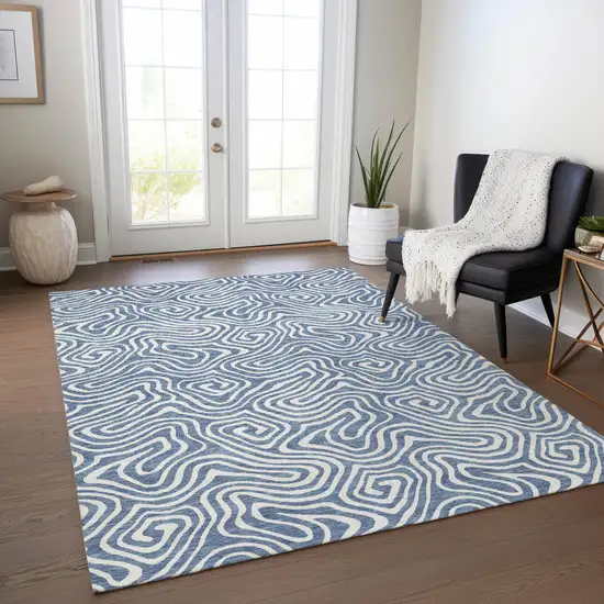 Denim Blue And Ivory Abstract Washable Indoor Outdoor Area Rug Photo 8