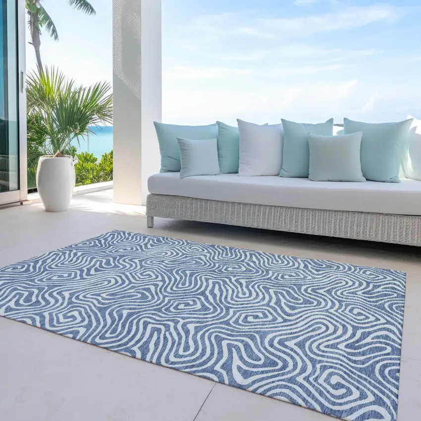 Denim Blue And Ivory Abstract Washable Indoor Outdoor Area Rug Photo 9