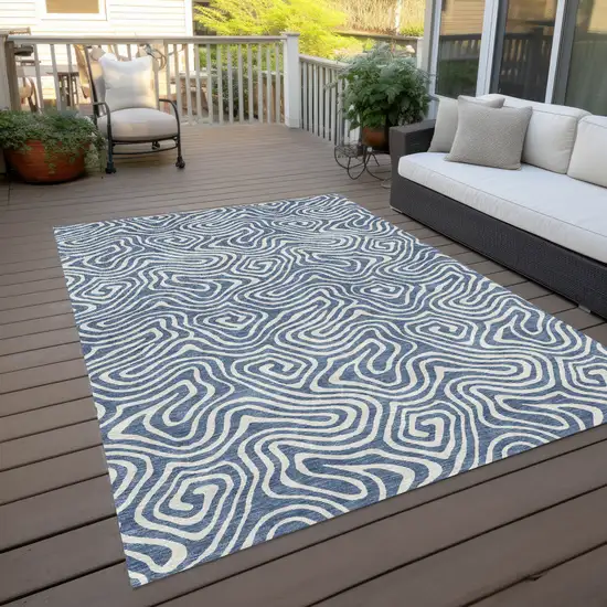 Denim Blue And Ivory Abstract Washable Indoor Outdoor Area Rug Photo 8