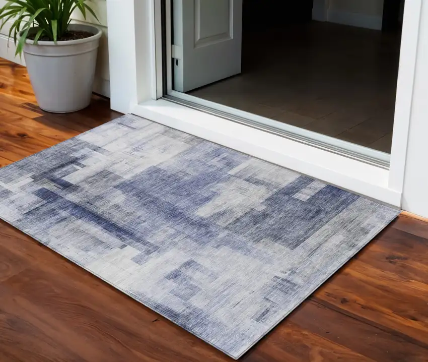Denim Blue And Ivory Abstract Washable Indoor Outdoor Area Rug Photo 1